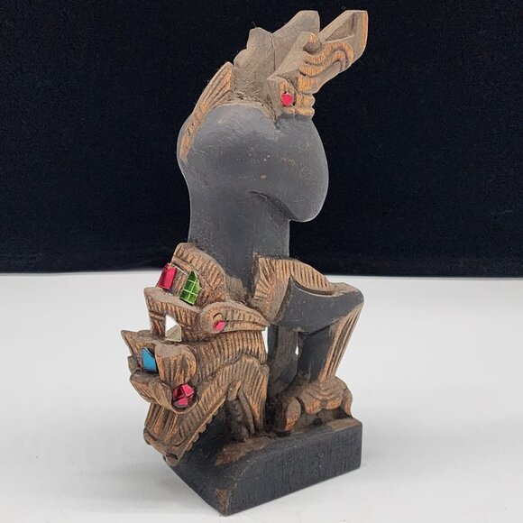 Vintage Hand Carved Wooden Dragon Figure With Colorful Gem Eyes & Accents Boho - Picture 2 of 10